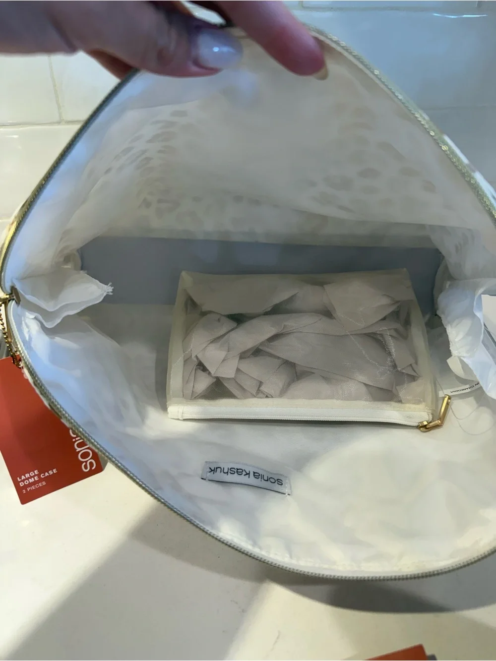 Sonia Kashuk White and Gold Leopard Print Cosmetic Bag with Brush Set NWT